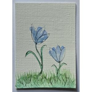ACEO Original Art Blue Wildflowers Watercolor & Ink Painting on Paper